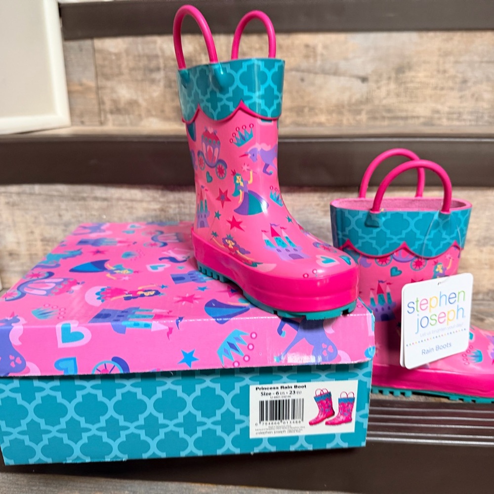 Stephen Joseph Size 6 Pink Princess Kids Rain Boots